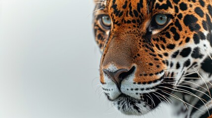 Fototapeta premium Close-up of majestic jaguar showcasing its striking patterns and intense gaze against neutral background. Wildlife and biodiversity conservation.