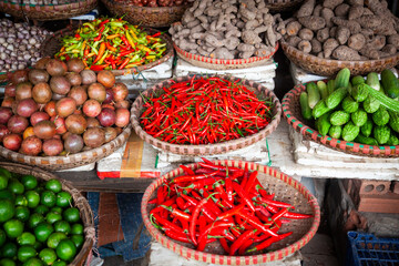 tropical spices and fruits sold at a local market in Hanoi (Vietnam) - 775808976