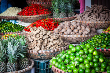 tropical spices and fruits sold at a local market in Hanoi (Vietnam) - 775808987