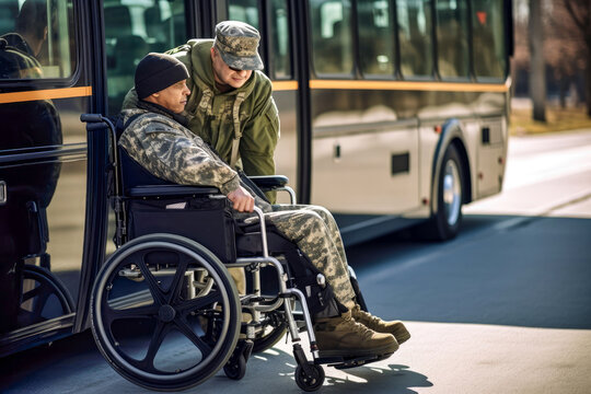 Male veteran in wheelchair, companion military soldier assists, bus awaits. Assistance, city life, easing transition. Concept of support community, accessible public services, inclusive environments