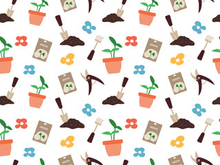 Seamless pattern with gardening elements. Gardening tools. Vector illustration for print, textile, wallpaper, wrapping paper on transparent background.