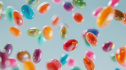 Colorful jelly beans in motion against pastel blue background, creating dynamic and vibrant sweet candy scene suitable for advertising and design projects. Creative food
