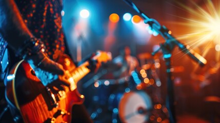 Vibrant live concert scene with guitarist on stage, dramatic lighting, and bokeh effect creating...