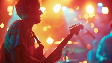 Focused musician playing electric guitar on stage with vibrant lights and live performance...