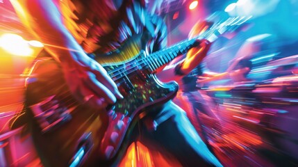 Electric guitar player on stage with colorful concert lighting effects. Live music performance with...