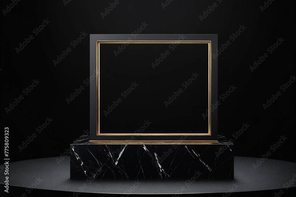 Poster black podium on black background for display product material from black stone can be use for presen