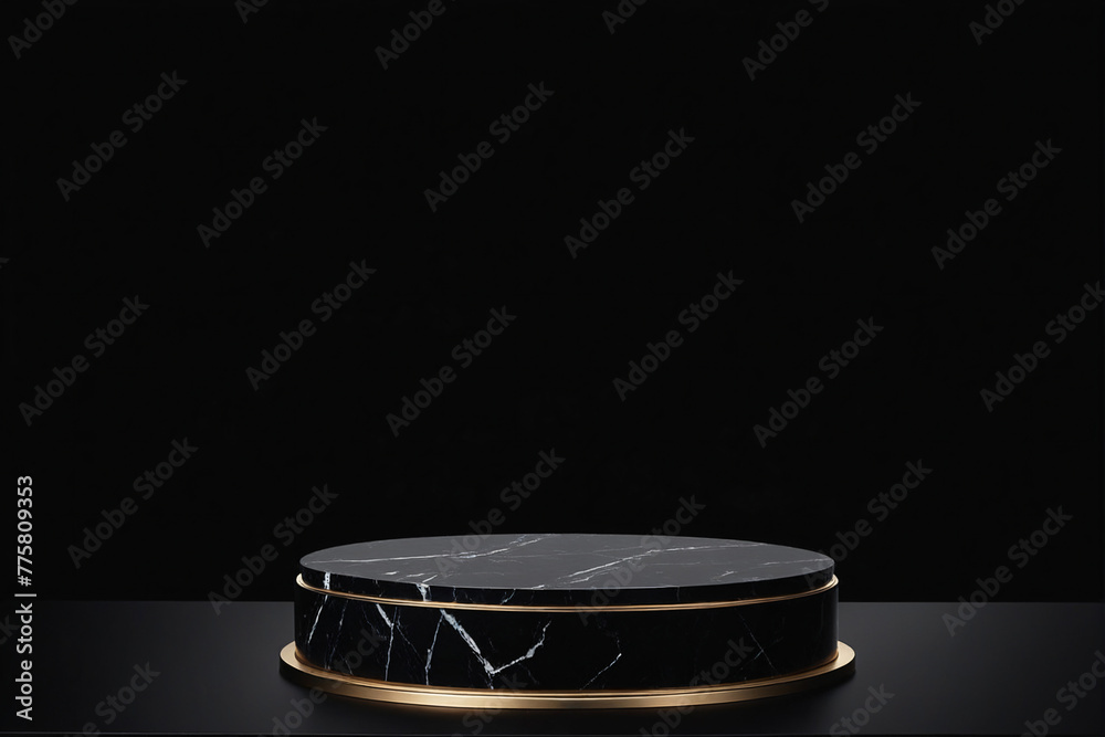Poster black podium on black background for display product material from black stone can be use for presen
