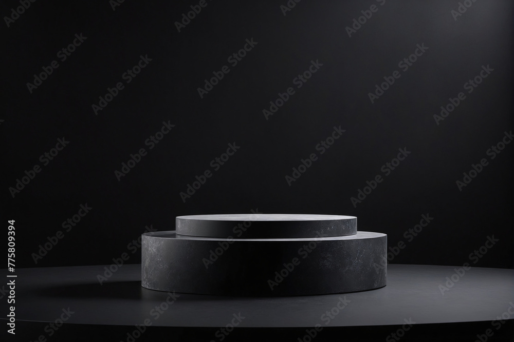 Poster black podium on black background for display product material from black stone can be use for presen