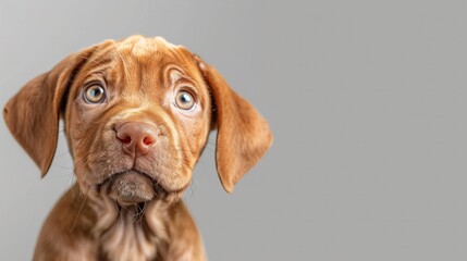 Adorable brown puppy with striking eyes posing on neutral background, displaying bond and companionship between humans and pets. Animal care and emotion.