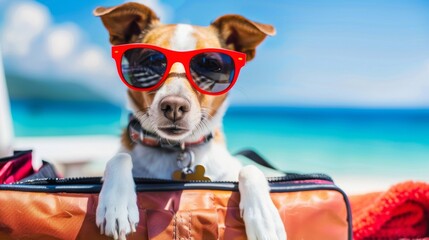 Dog Wearing Sunglasses Sitting in Suitcase - obrazy, fototapety, plakaty