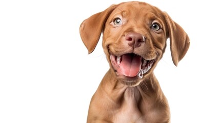 Joyful young puppy posing against white background with playful expression. Pet care and companionship.
