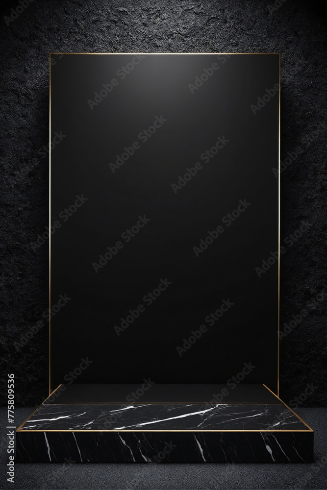 Poster black podium on black background for display product material from black stone can be use for presen