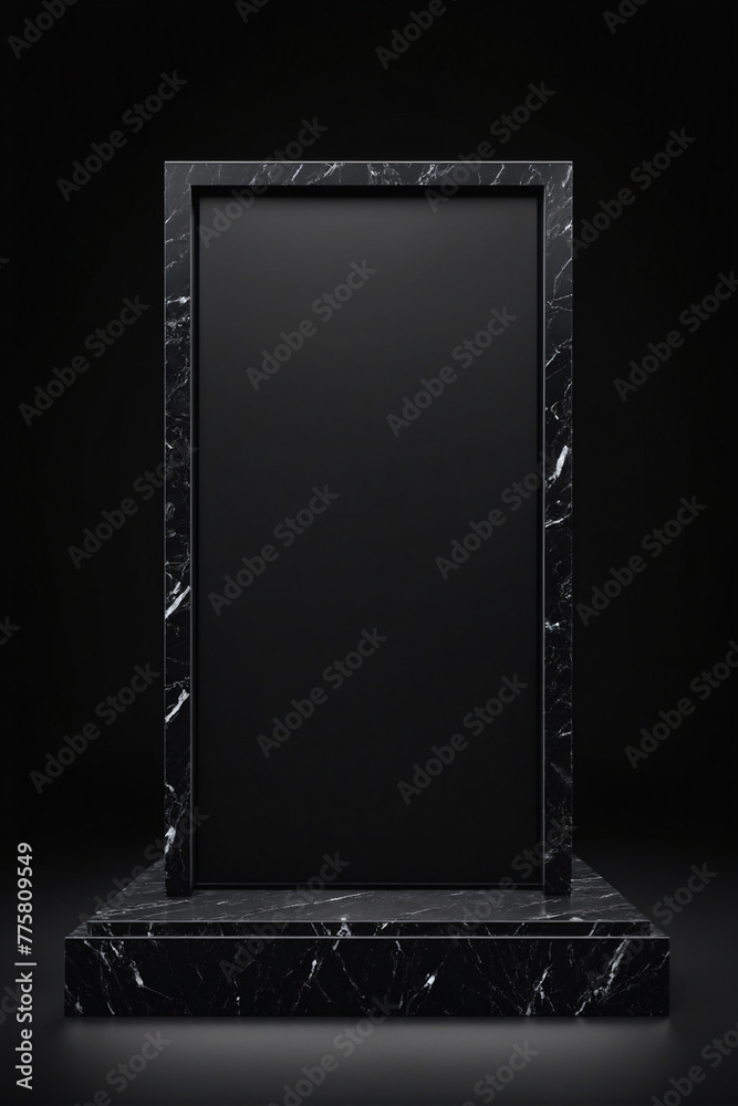 Poster black podium on black background for display product material from black stone can be use for presen