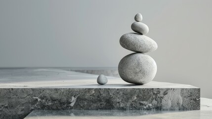 Balanced stone tower on a beige background with copy space.