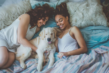 A lesbian couple wrapped up peacefully in their bed, enjoying a morning of games and fun with their friendly dog. Concept of life as a couple, pets, home. - obrazy, fototapety, plakaty