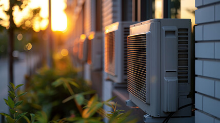 Modern air conditioning units in suburban setting - obrazy, fototapety, plakaty