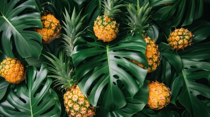 Tropical pineapples resting among vibrant green monstera leaves, presenting fresh and natural tropical fruit display. Organic produce and sustainable agriculture. - obrazy, fototapety, plakaty