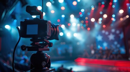 Professional video camera set up for shooting concert with colorful stage lights and atmospheric...