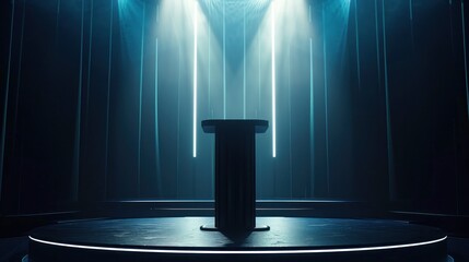 Modern minimalist podium or stage illuminated by blue LED lights against dark background for...
