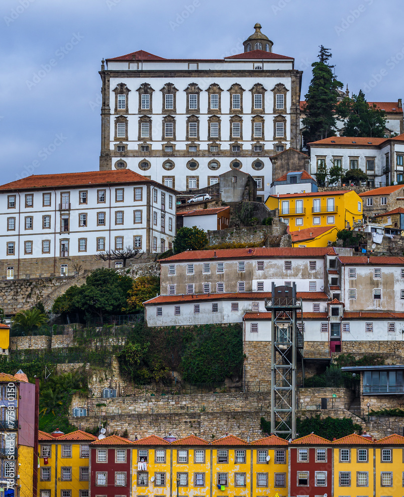 Wall mural View from Vila Nova de Gaia city on buildings in Ribeira area and Bishops Palace, Porto, Portugal