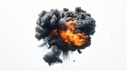 Explosive burst of fire and smoke isolated on white background, depicting power and destruction. Visual representation of explosive reactions and force.