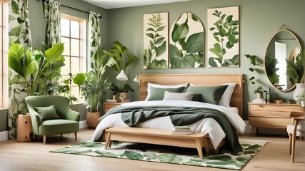  A botanical-themed bedroom with botanical prints, leafy green accents, and natural wood furniture evoking a sense of tranquility