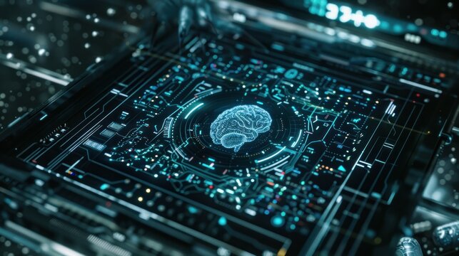 Artificial intelligence and machine learning concept with digital brain interface on futuristic circuit board background. Advanced technology in neural networks and data processing