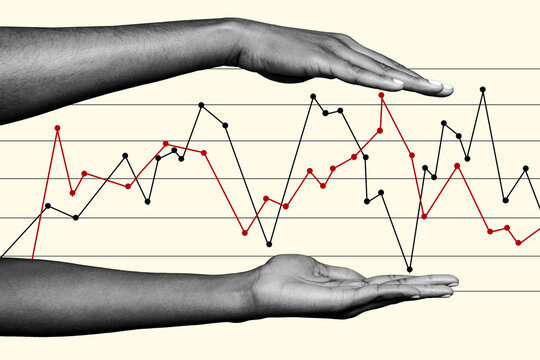 Composite photo collage of two hand show chart graph rate line down up statistics analysis isolated coworking on painted background