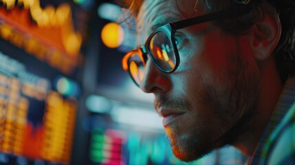Focused male stock market trader analyzing data on multiple computer screens in dimly lit office. Technology and finance. - obrazy, fototapety, plakaty