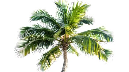 Fototapeta na wymiar Tropical palm tree isolated on white background, vivid green fronds fanning out in natural pattern. Exotic travel and summertime concept.