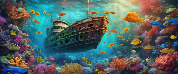 Ocean underwater landscape with a sunken sailboat,