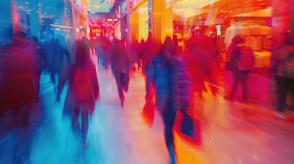 Blurry motion of shoppers walking in vibrant mall corridor with colorful lighting. Retail shopping ambiance with dynamic consumer movement. Urban lifestyle and commerce. - obrazy, fototapety, plakaty