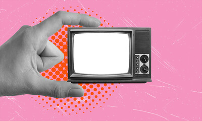 Art collage, TV in hand on pink background with copy space.