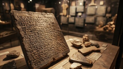 Ancient cuneiform inscription on clay tablet. Historical artifact display. - obrazy, fototapety, plakaty