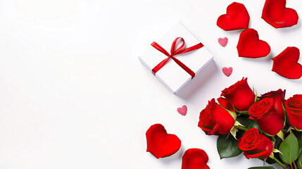 Bouquet of red roses and gift box with red ribbon on white background