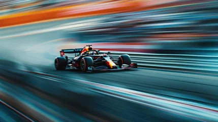  Race car speeding on track with motion blur to showcase dynamic performance and competition. Speed and motion in high-performance motorsports. © Postproduction