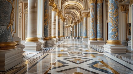 Ornate baroque style corridor with marble floors and gilded columns, demonstrating luxury architecture and interior design. Grandeur and opulence in architectural design. - obrazy, fototapety, plakaty