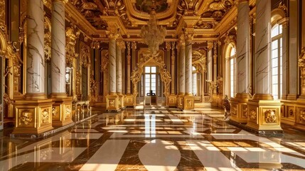 Opulent baroque palace interior with grand hall and luxurious decorations, showcasing architectural elegance and historical design. Historical architecture and interior design.