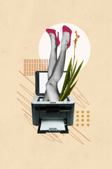 Creative abstract template collage of young female legs stuck copier machine office working bizarre...