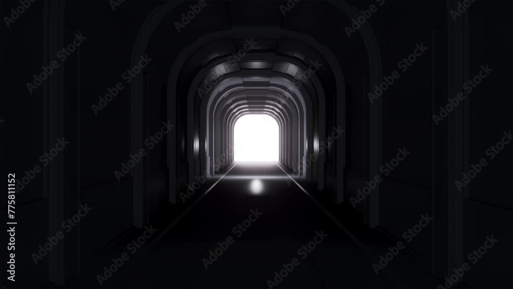 Wall mural abstract empty dark corridor or tunnel with moving light. modern fashion 3d animation. realistic mot