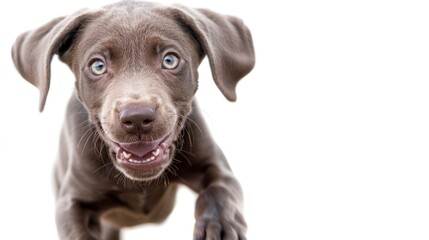 Playful chocolate Labrador retriever puppy with curious expression engaging with camera on white...