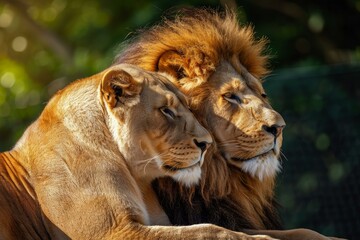 Obraz premium Nurturing African lion couple. Pair of wildlife pride predator animals. Generate ai