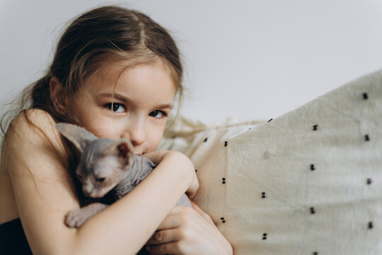 a portrait of a little schoolgirl without 1 baby tooth and her sphinx cat with whom she plays, hugs, kisses, tickles and poses for photos