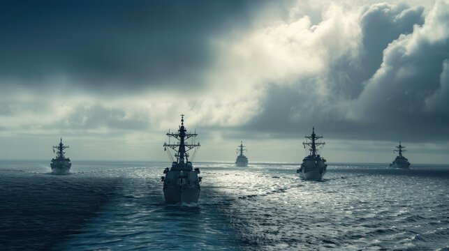 Naval military fleet on strategic mission in misty open sea under dramatic clouds. Maritime defense and international security operations at sea.