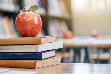 Apple on a stack of books on a desk in a classroom, banner with space for text. Back to school. Teacher's Day.