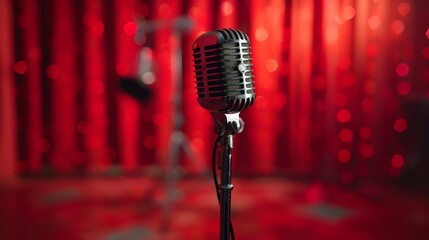 Lone microphone before red curtain hints at drama