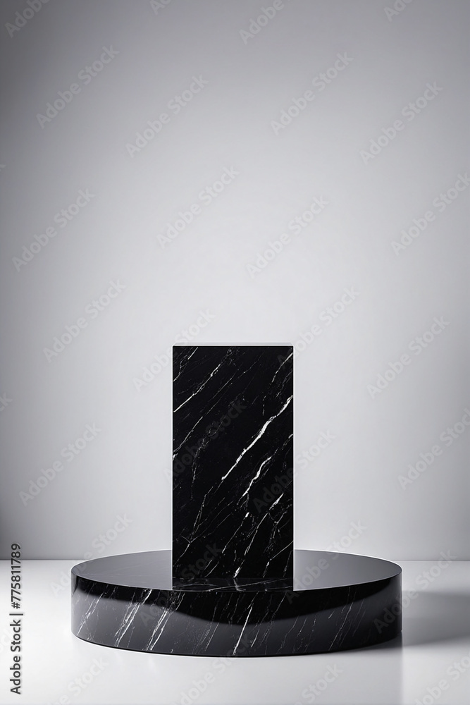 Poster black podium on white background for display product material from black stone can be use for presen