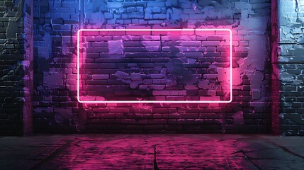 Pink tape neon frame on brick wall
