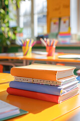 textbooks on a desk in a school classroom