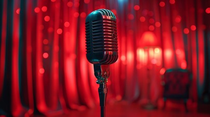 Focused mic in spotlight with deep red drapes